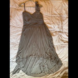 Off-the-shoulder, grey prom dress!